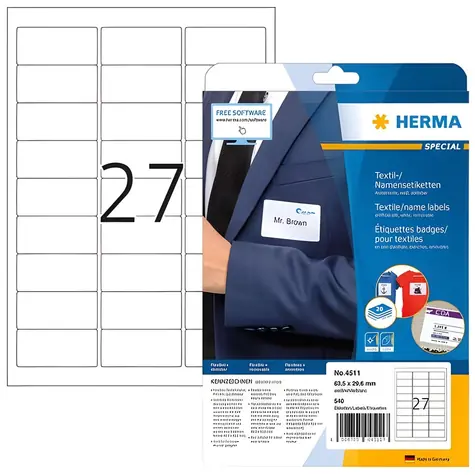 HERMA Textilní jmenovky bílé 63,5x29,6 mm / Etikety / Textil / 540 ks / A4