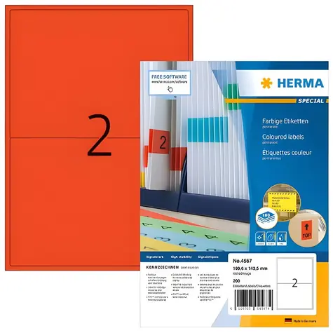 Herma Etikety A4 červená / Etikety / papír matný / 199,6x143,5 mm / 1400 ks