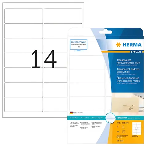 Herma etikety A4 transparentní / matná fólie / 99,1x38,1 mm / laser / voděodolné / 350 ks