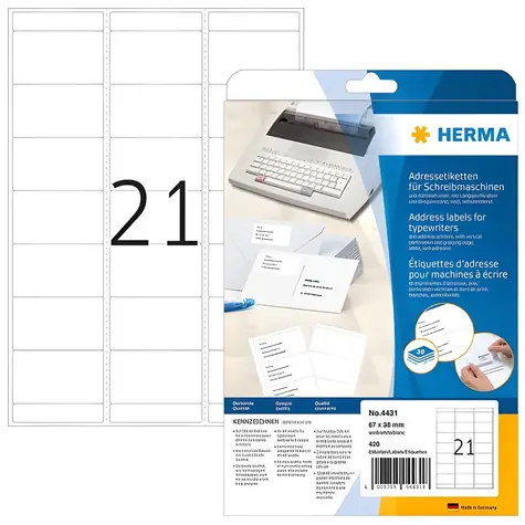 HERMA Adresní etikety 67x38 mm bílé / Etikety / papír matný / 420 ks / 20 listů