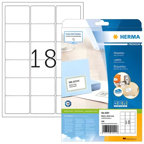 HERMA Adresní etikety Premium 63,5x46,6 mm bílé / Etikety / A4 / papír / 450 ks / 25 listů