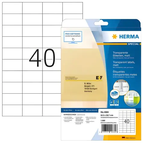 Herma etikety 52,5x29,7 mm transparentní matná fólie / Etikety / A4 / laser / voduodolné / permanentní / 1000 ks