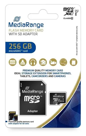 MediaRange microSDXC 256GB + SD adaptér / Class 10 / UHS-I / R: 80 MB/s / W: 10 MB/s