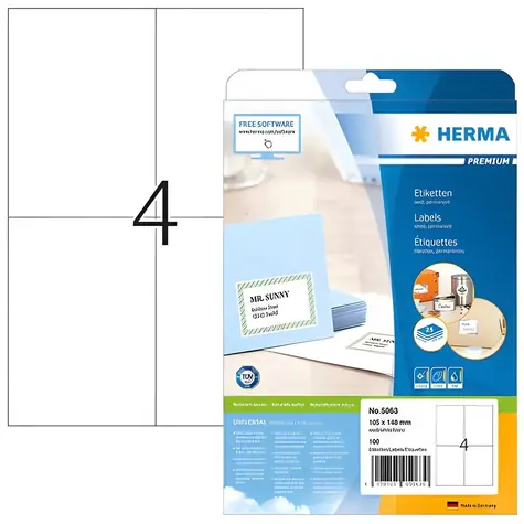 HERMA Etikety Premium A4 bílé / Etikety / 105x148 mm / 100 ks