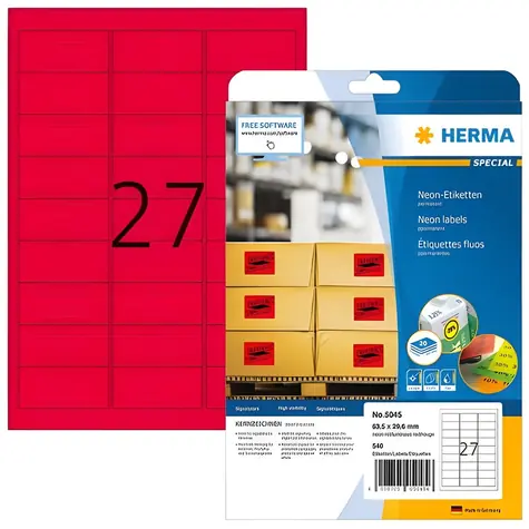 Herma Etikety A4 neonově červená 63,5x29,6 mm / Etikety / papír matný / trvalé lepení / 540 ks