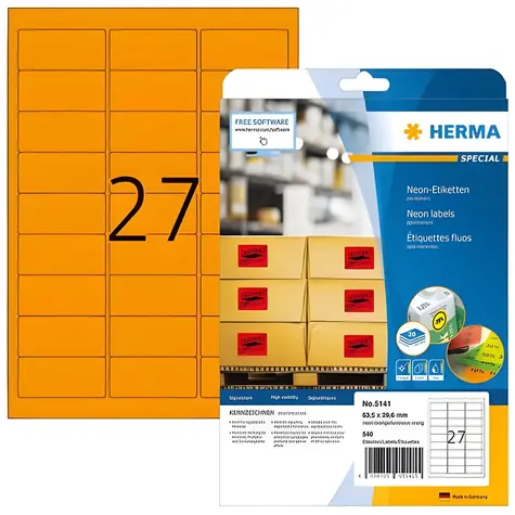 HERMA Etikety neonově oranžové 63,5x29,6 mm / Etikety / papír matný / A4 / 540 ks