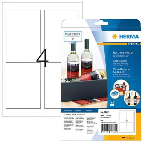 Herma etikety na lahve bílé / Etikety / 90x120 mm / Lesklé / Inkjet / 40 ks / A4