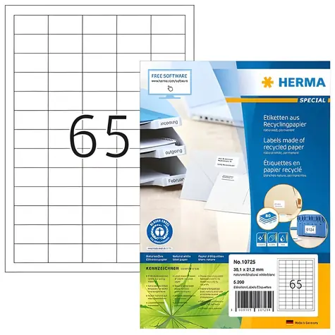 Herma Etikety A4 38,1x21,2 mm / Etikety / Recyklovaný papír / 5200 ks / 80 listů / Laser/Inkjet
