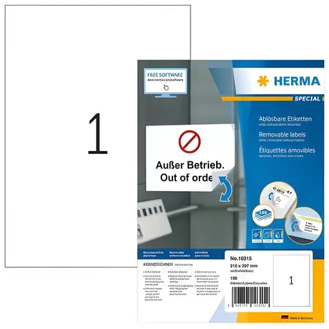 HERMA Etikety A4 210x297 mm / bílé, snímatelné / 100 listů / 100 ks