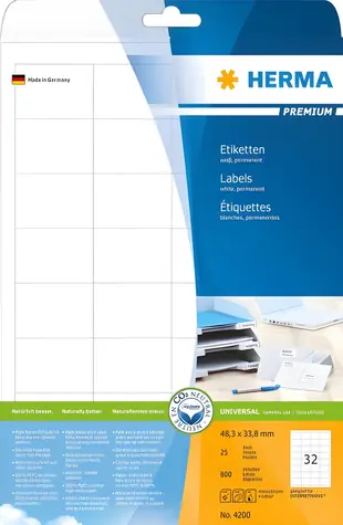 HERMA Premium etikety A4 bílá / Etikety / 48,3x33,8 mm / 800 ks / 25 listů