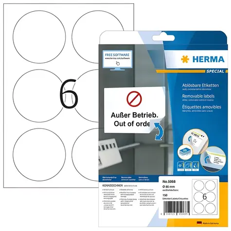HERMA Etikety kulaté bílé 85 mm / Etikety / papír, snímatelné, s ohraničením / 25 listů / 150 ks