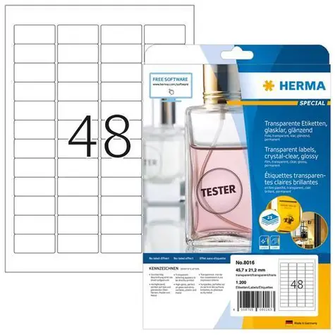 HERMA etikety A4 45,7x21,2 mm transparentní / Etikety / Fólie lesklá / Voděodolné / 1200 ks