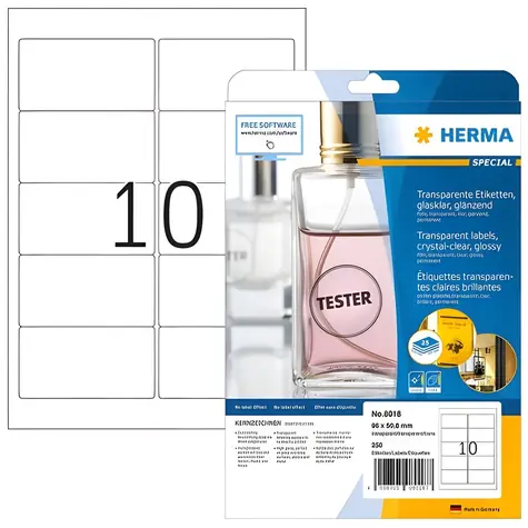HERMA etikety A4 96x50,8 mm transparentní / Etikety / Fólie lesklá / Voděodolné / 250 ks