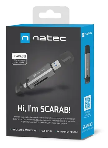 Natec SCARAB 3 šedá / Čtečka paměťových karet / USB-A + USB-C / USB 3.2 Gen 1 / SD, microSD do 2TB