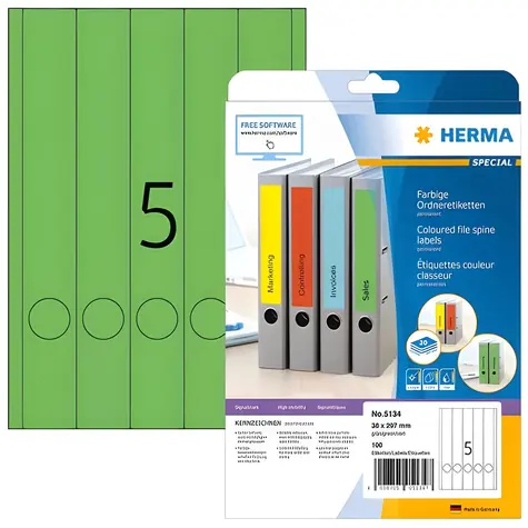 Herma etikety na hřbet pořadače zelená / Etikety / 38x297 mm / 100 ks / A4