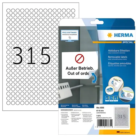 HERMA Kulaté etikety 10 mm / bílé, snímatelné / A4 / 25 listů / 7875 ks
