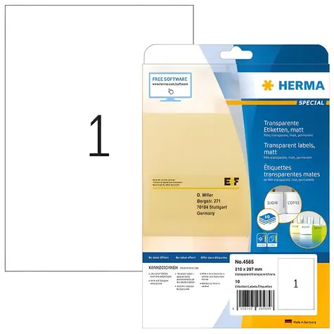 HERMA Etikety transparentní 210x297 mm / Etikety / A4 / matné / laser / permanentní / 10 ks
