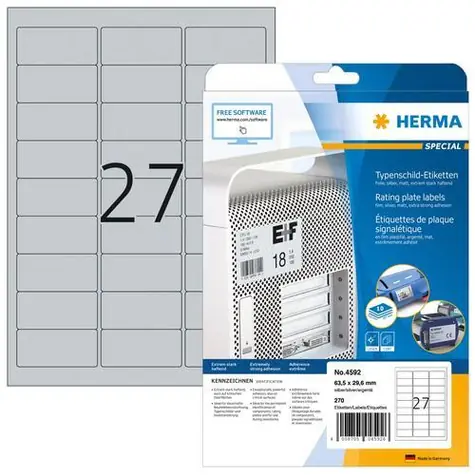 Herma výrobní štítky 63,5x29,6 mm stříbrná / Etikety / polyesterová fólie / trvale lepicí / 270 ks