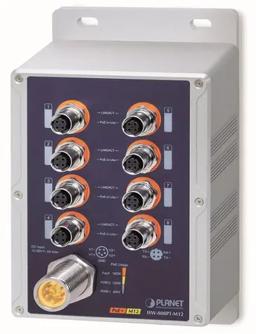 Planet vodotěsný PoE switch 8x FE M12 IP67 / Switch / 8x PoE 802.3at 180 W / -40 až 75 °C / 12-56 VDC
