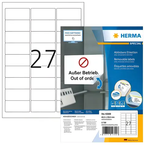 HERMA Univerzální etikety 63,5x29,6 mm / bílé, snímatelné / 100 listů A4 / 2700 ks