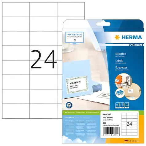 HERMA Etikety Premium A4 bílé 70x37 mm / Papír / Laser/Inkjet / 600 ks