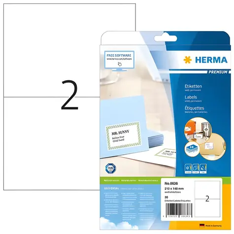 HERMA Etikety Premium A4 bílá / Etikety / 210x148 mm / 20 listů