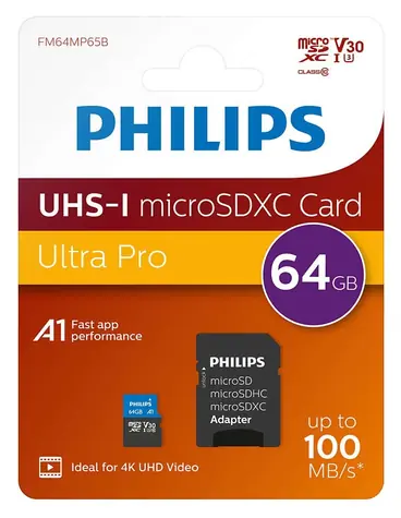 Philips microSDXC 64 GB + adaptér / Paměťová karta / Class 10 / UHS-I U3 / V30