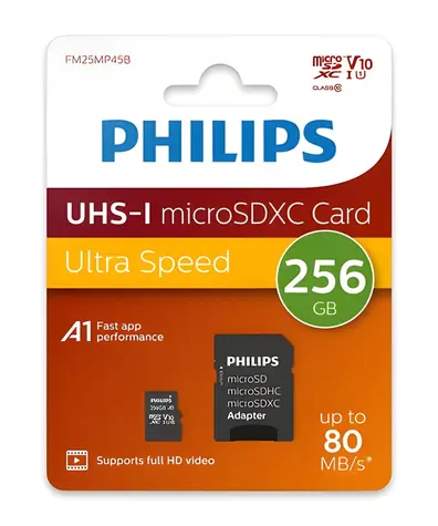 Philips microSDXC 256 GB + adaptér / Micro SD karta / Class 10 / UHS-I U1 / čtení: 80 MB/s / zápis: 30 MB/s
