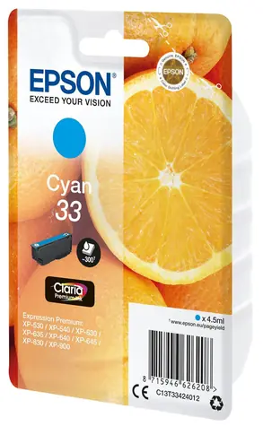 Epson 33 Claria Premium azurová / Originální cartridge / XP-530, XP-630, XP-635, XP-830 / 4,5 ml