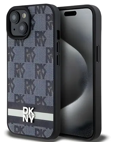 DKNY Leather Checkered Mono Pattern & Printed Stripes Zadní Kryt pro Apple iPhone 15 Plus / 14 Plus černá