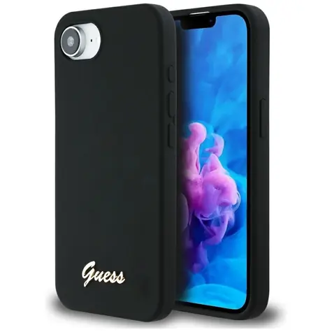 GUESS Silicone Script Metal Logo černá / Pouzdro / MagSafe / pro iPhone 16e