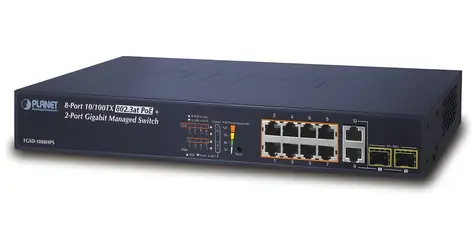 Planet FGSD-1008HPS / PoE switch / L2 / 8x 100Mb / 2x 1Gb SFP / 8x PoE 802.3at 125W
