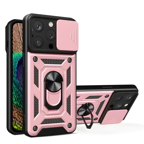 Hurtel Hybrid Armor Camshield růžová / Kryt / Apple iPhone 15 Pro / stojánek / kryt fotoaparátu