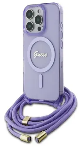 Guess Crossbody Cord Script fialová / Pouzdro / Apple iPhone 16 Pro / MagSafe