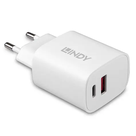 Lindy 2-Port nabíječka 20W bílá / Nabíječka / USB-C Power Delivery + USB-A / Rychlé nabíjení