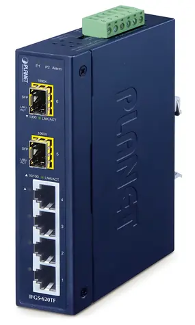 Planet IFGS-620TF / Switch průmyslový / L2 / 4x 10/100 RJ-45 / 2x 1Gb SFP / -40 až 75°C / 9-48VDC / IP30 / fanless