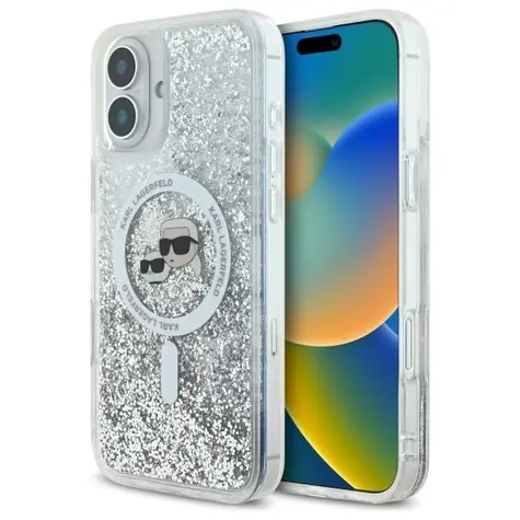Karl Lagerfeld Liquid Glitter Karl & Choupette Head transparentní / Pouzdro / Apple iPhone 16 Plus / MagSafe