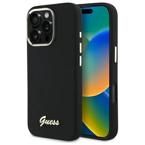 GUESS Silicone Script Metal Logo & Frame Zadní Kryt pro Apple iPhone 16 Pro Max černá