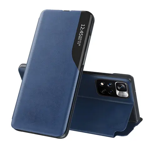 Hurtel Eco Leather View Case modrá / Pouzdro pro POCO M4 Pro 5G / s klopou a stojánkem / ekokůže