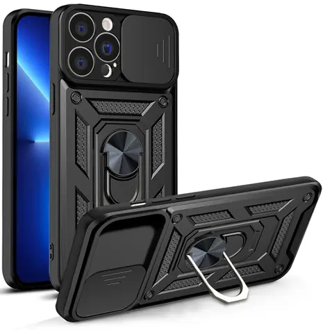 Hurtel Hybrid Armor Camshield černá / Zadní kryt / Apple iPhone 13 Pro / Kryt kamery a stojánek