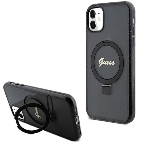 GUESS Ring Stand Script Glitter černá / Pouzdro / MagSafe / pro iPhone 11 / Xr