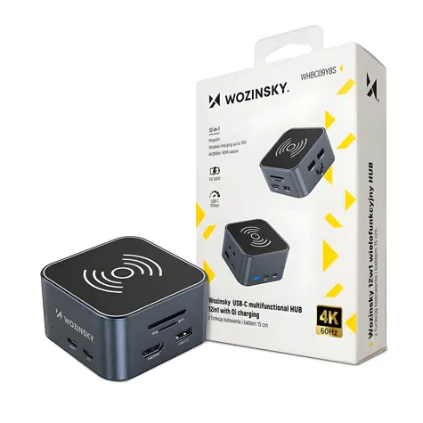 Wozinsky WHBC09Y8S šedá / USB hub / 12v1 / bezdrátové nabíjení / hliníkové tělo / kabel 15 cm