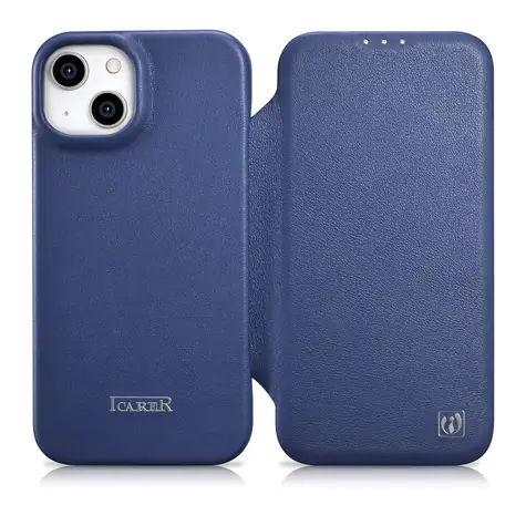 iCarer CE Premium Folio modrá / Pouzdro / Kožené flip / MagSafe / Apple iPhone 14 Plus