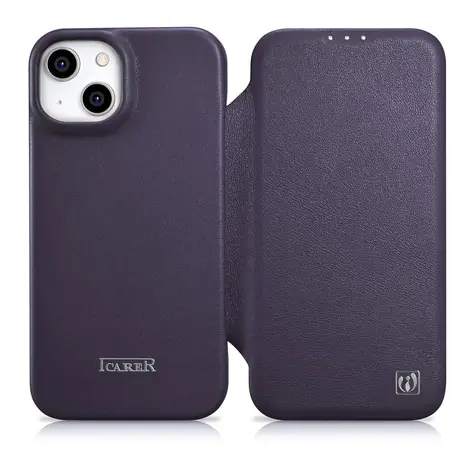 iCarer CE Premium Folio tmavě fialová / Pouzdro / Kožené flip / MagSafe / Apple iPhone 14 Plus