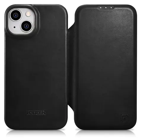 iCarer CE Oil Wax Premium MagSafe černá / Pouzdro / Kožené flip / Apple iPhone 14 Plus