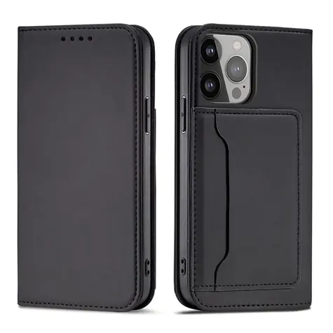 Hurtel Magnet Card Case peněženka pro Apple iPhone 14 Pro Max černá / Pouzdro / Magnetické / Stojánek / Kapsa na kartu