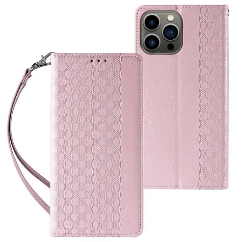 Hurtel Magnet Strap Case peněženka se stojánkem a poutkem růžová / Pouzdro / Apple iPhone 14 Pro Max / Magnetické / Flip