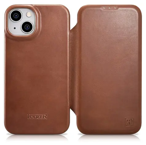 iCarer CE Oil Wax Premium MagSafe hnědá / Pouzdro / Kožené flip / Apple iPhone 14 Plus