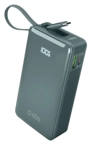 SBS 10000 mAh šedá / Powerbank / Power Delivery 20 W / LCD displej / integrovaný USB-C kabel