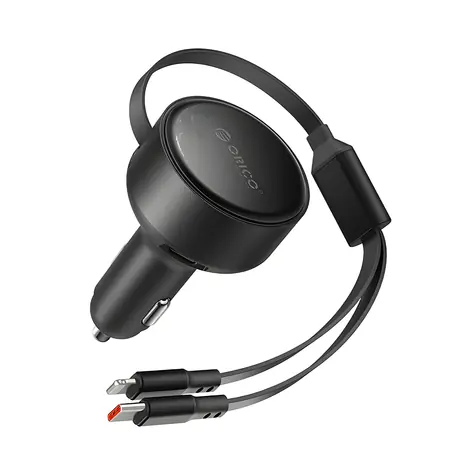 Orico Dual Stretch nabíječka do auta černá / Nabíječka do auta / 2x výsuvný kabel USB-C + Lightning / 60W
